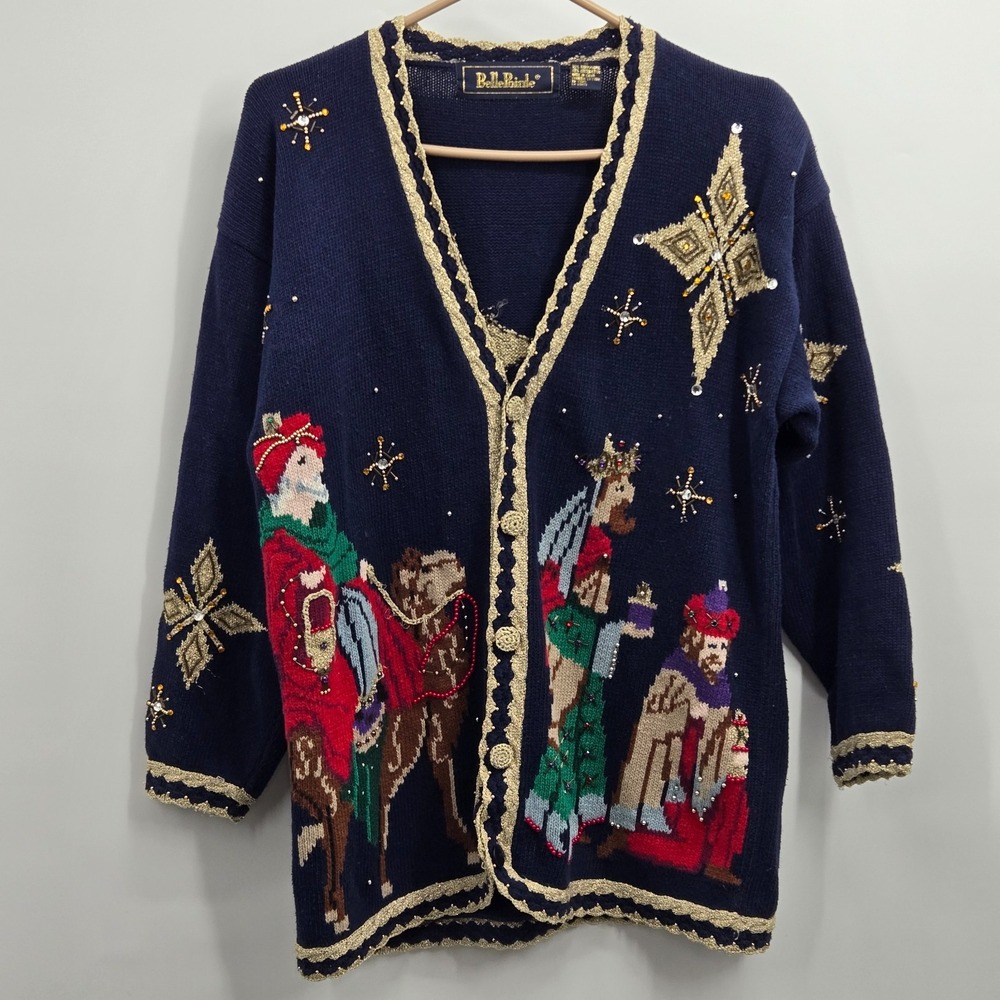 BellePointe Christmas Sweater Knit Holiday Cardigan Sequins Beads Med Nativity